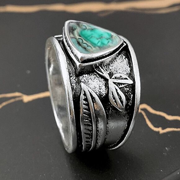SILVER TURQUOISE GEOMETRIC BOHO WESTERN LEAF UNISEX RING - Picture 3 of 5